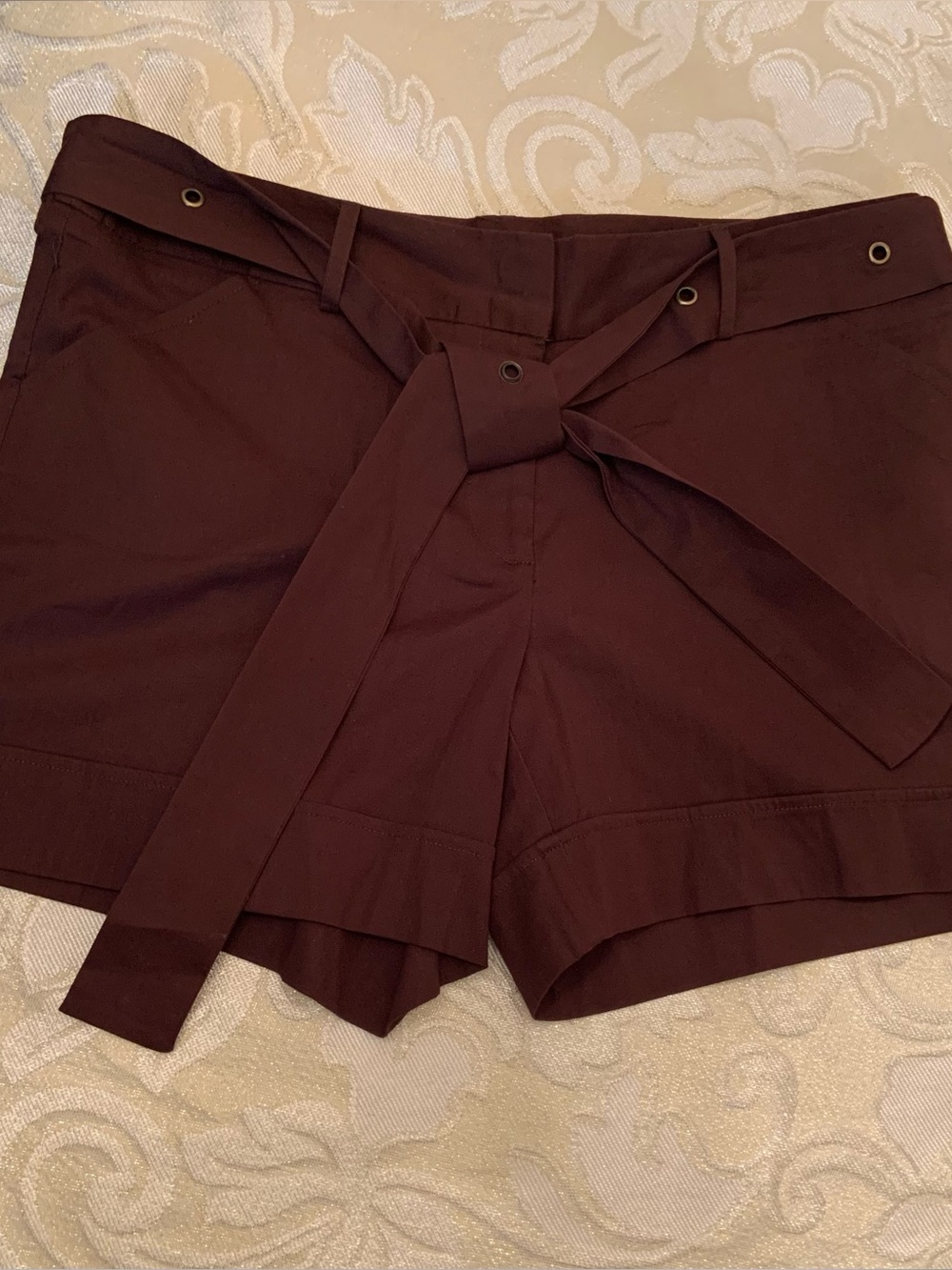 Courtenay High-Waist Tie-Belt Shorts in Dark Brown